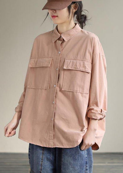 Women Lapel Pockets Spring Top Silhouette Wardrobes Pink Shirts