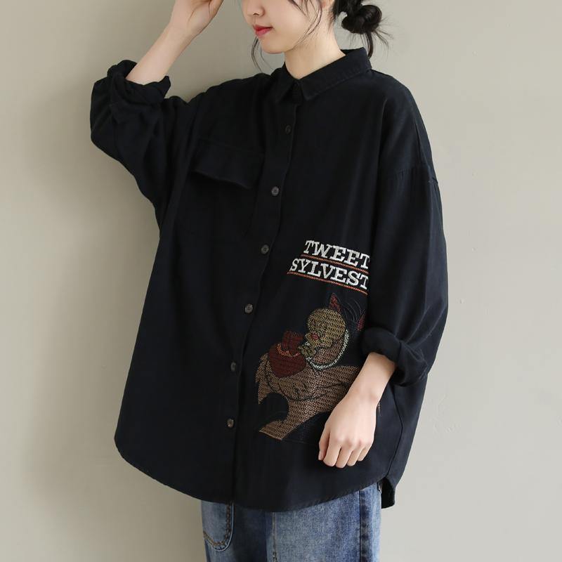 Women Lapel Spring Crane Tops Fashion Ideas Black Letter Top