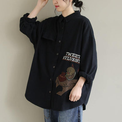 Women Lapel Spring Crane Tops Fashion Ideas Black Letter Top