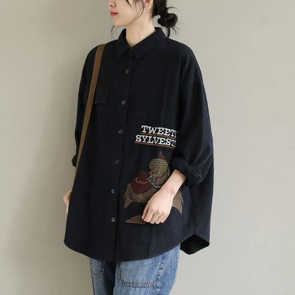 Women Lapel Spring Crane Tops Fashion Ideas Black Letter Top