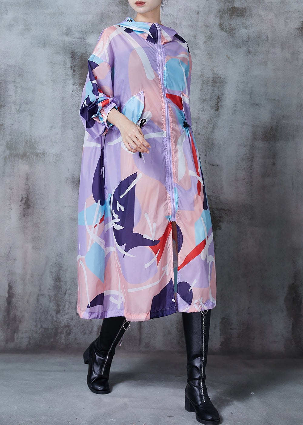 Lavende Oversized Print Drawstring Spandex Trench Fall