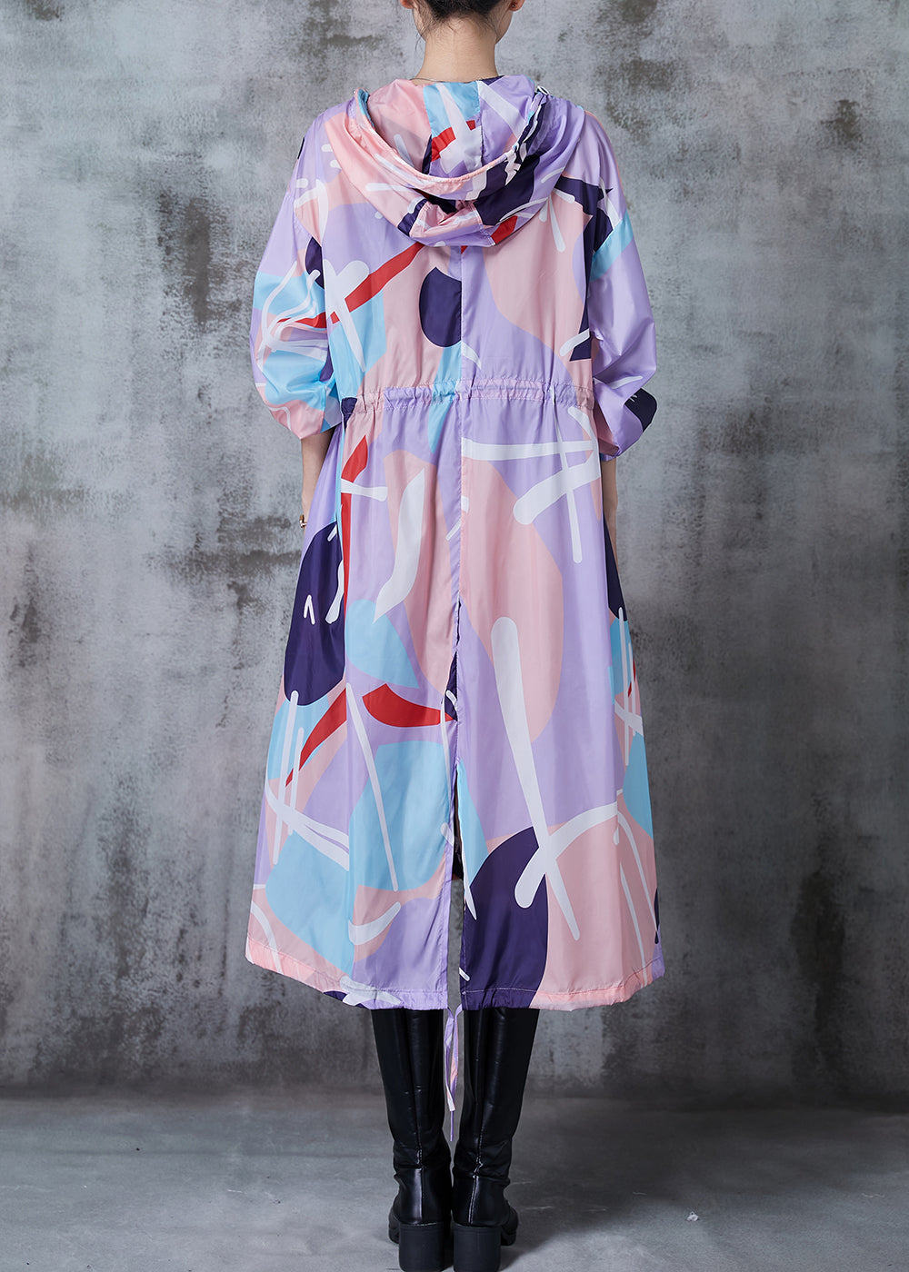 Lavende Oversized Print Drawstring Spandex Trench Fall
