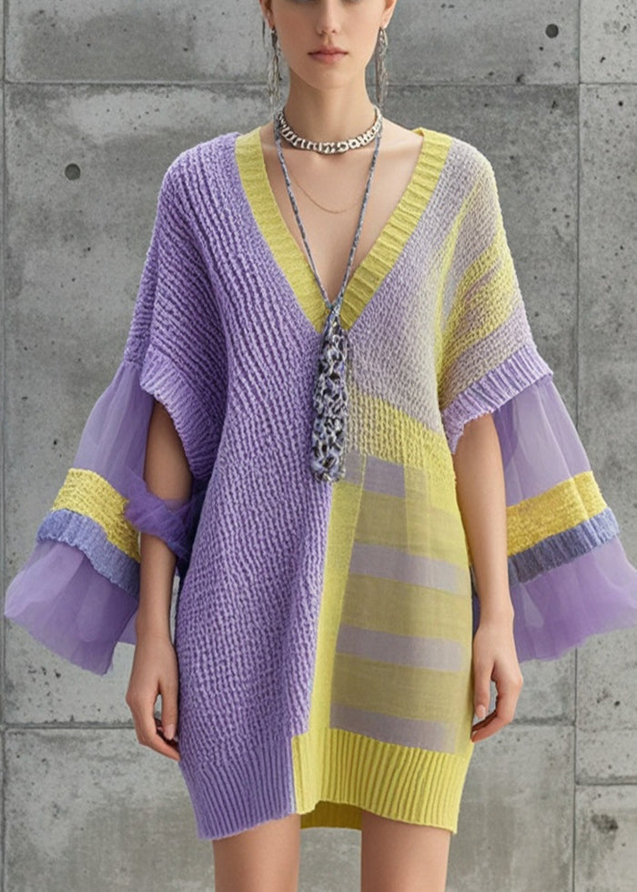 Lavender Asymmetrical Patchwork Tulle Knitwear Dress Fall
