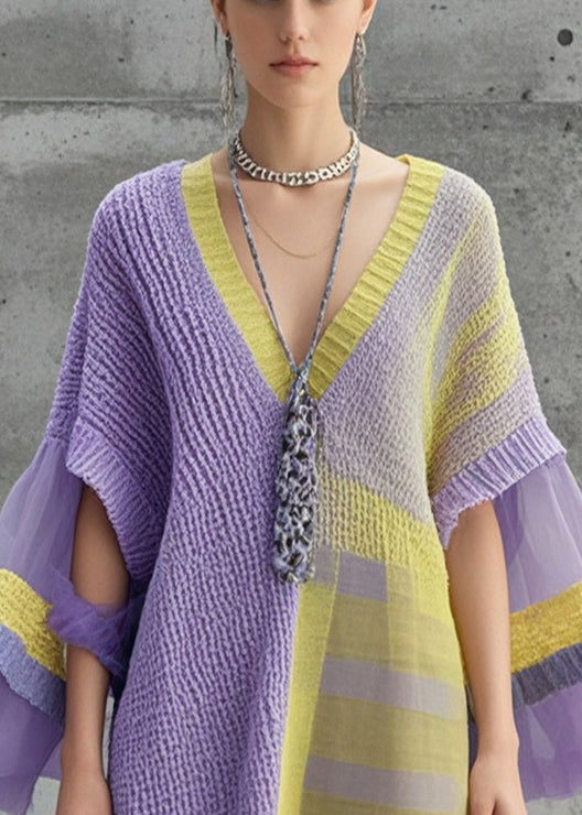 Lavender Asymmetrical Patchwork Tulle Knitwear Dress Fall