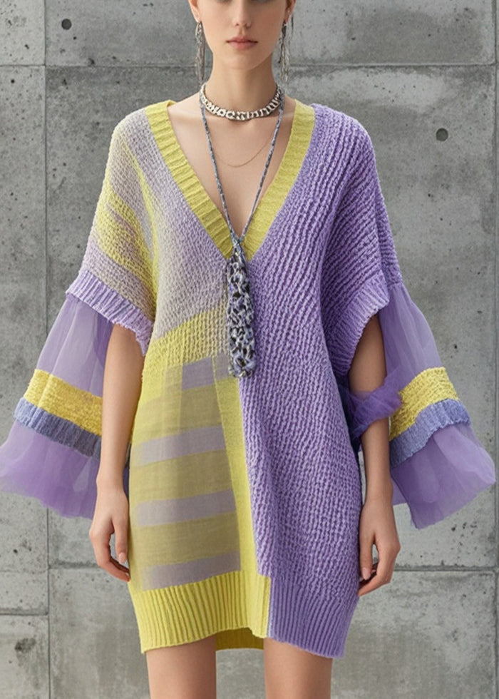 Lavender Asymmetrical Patchwork Tulle Knitwear Dress Fall