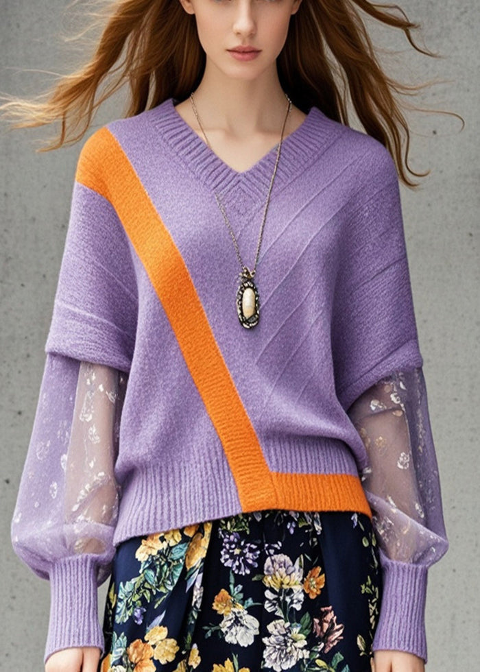 Lavender V Neck Patchwork Knit Sweater Tops Fall