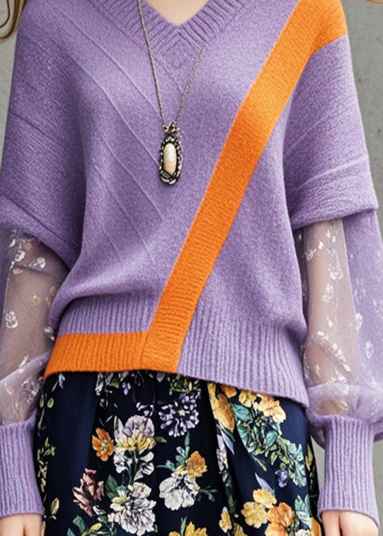 Lavender V Neck Patchwork Knit Sweater Tops Fall