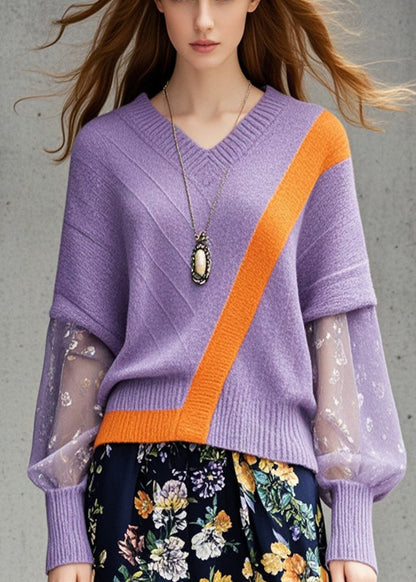 Lavender V Neck Patchwork Knit Sweater Tops Fall