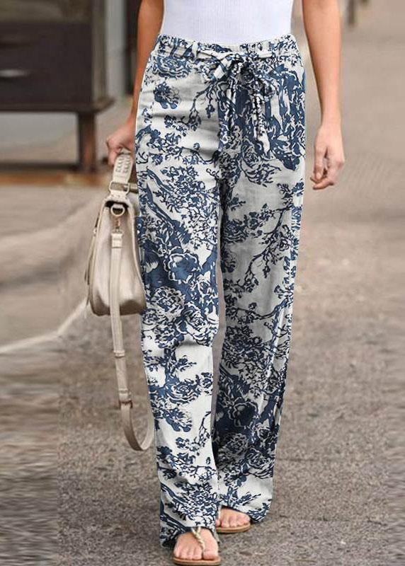 Leisure Cotton Contrast Color Elastic Waist Straight Pants With Side Pockets