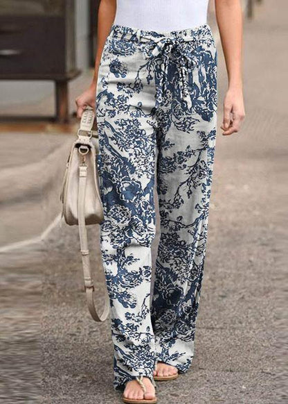 Leisure Cotton Contrast Color Elastic Waist Straight Pants With Side Pockets