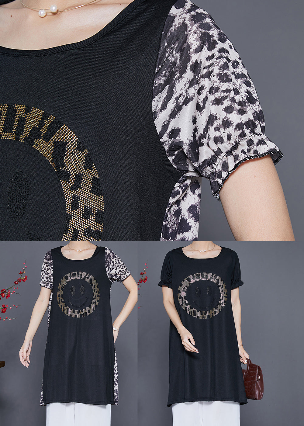 Leopard Patchwork Smiling Face Zircon Chiffon Dress Summer