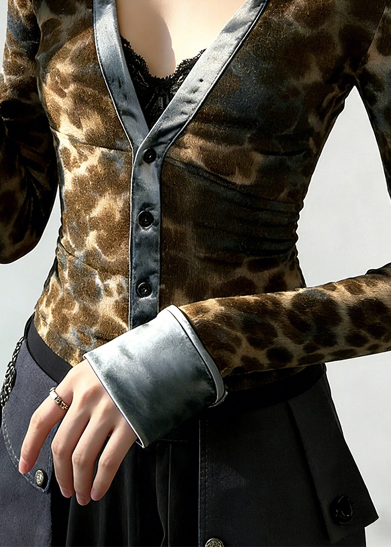 Women Leopard Print V Neck Patchwork Cotton Blouses Spring