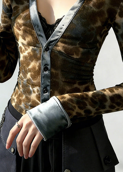 Women Leopard Print V Neck Patchwork Cotton Blouses Spring
