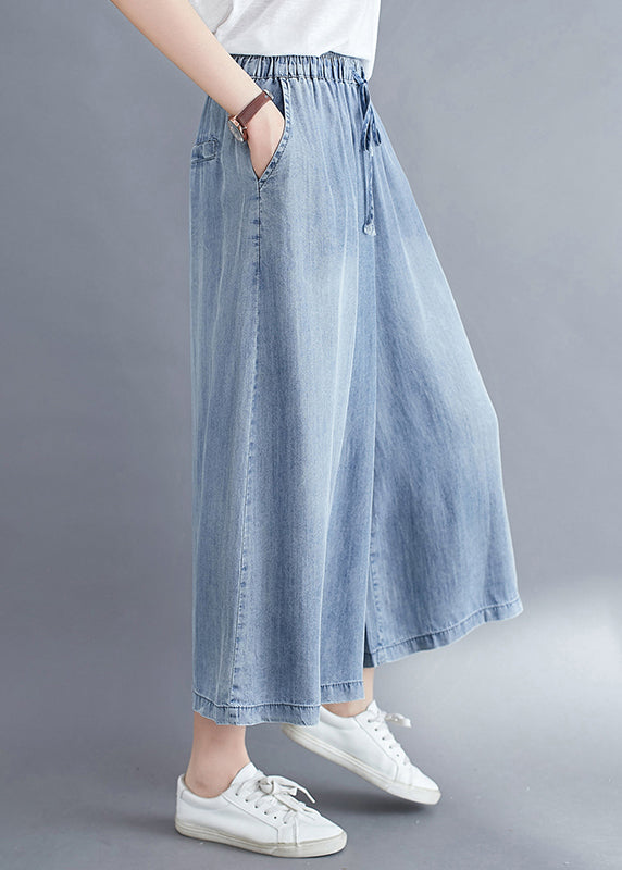 Light Blue Elastic Waist Draping Denim Wide Leg Pants Summer