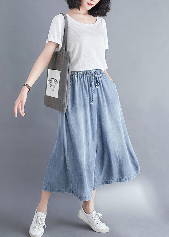 Light Blue Elastic Waist Draping Denim Wide Leg Pants Summer
