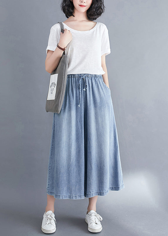 Light Blue Elastic Waist Draping Denim Wide Leg Pants Summer