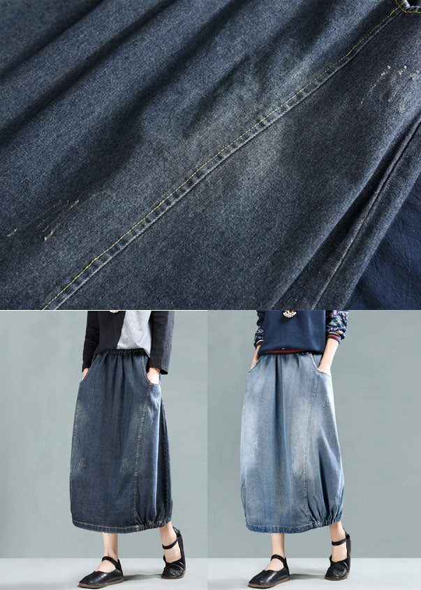 Light Blue Elastic Waist Patchwork Cotton Denim Skirt Spring
