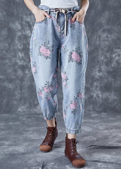 Light Blue Elastic Waist Print Denim Harem Pants Summer