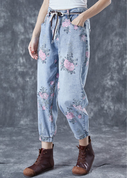 Light Blue Elastic Waist Print Denim Harem Pants Summer