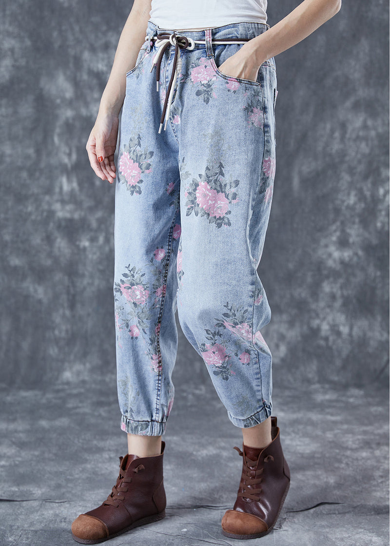 Light Blue Elastic Waist Print Denim Harem Pants Summer