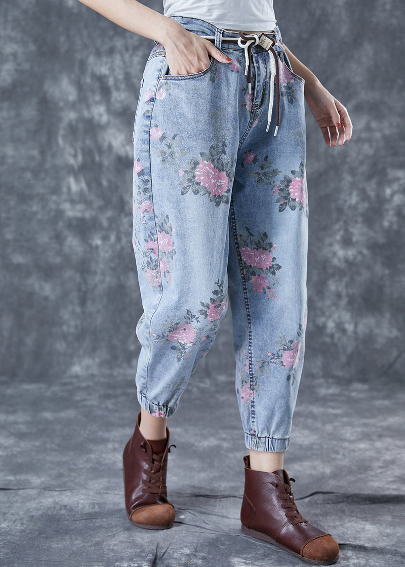 Light Blue Elastic Waist Print Denim Harem Pants Summer