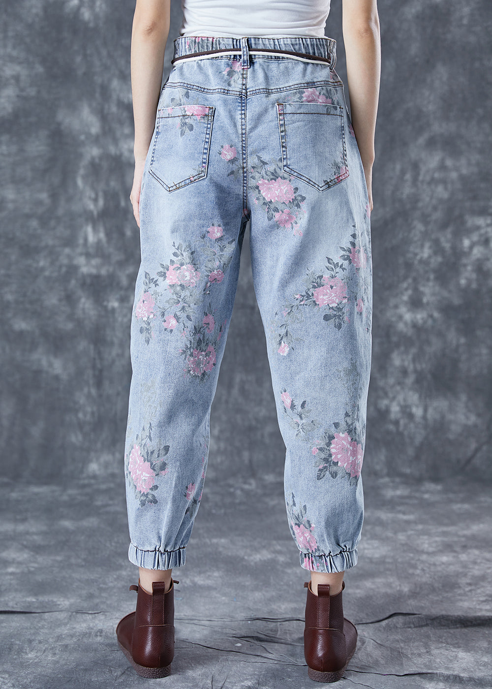 Light Blue Elastic Waist Print Denim Harem Pants Summer