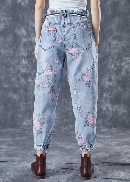 Light Blue Elastic Waist Print Denim Harem Pants Summer