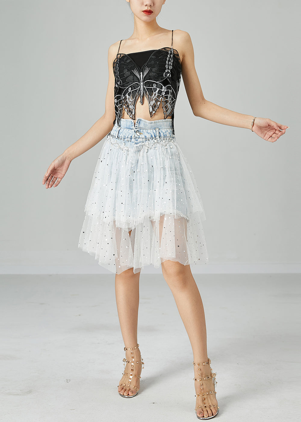 Light Blue Elastic Waist Tulle Patchwork Denim Skirts Summer