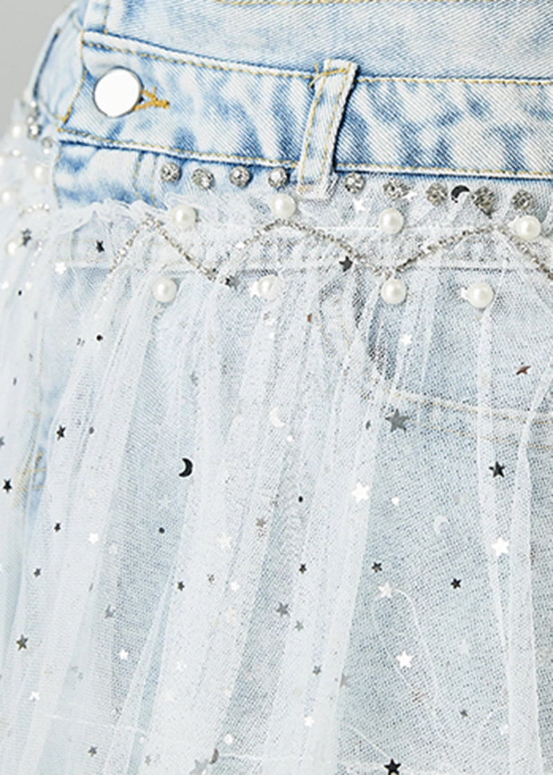 Light Blue Elastic Waist Tulle Patchwork Denim Skirts Summer