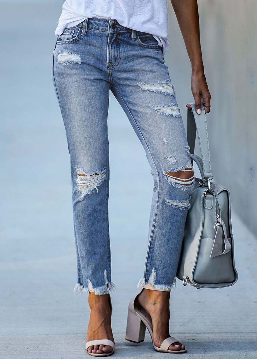 Light Blue High Waist Denim Ripped Pants Trousers Summer