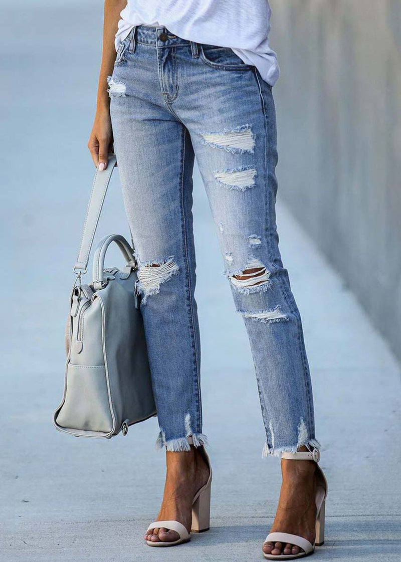 Light Blue High Waist Denim Ripped Pants Trousers Summer