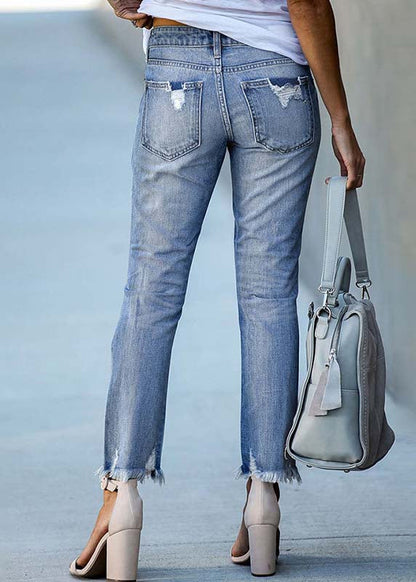 Light Blue High Waist Denim Ripped Pants Trousers Summer