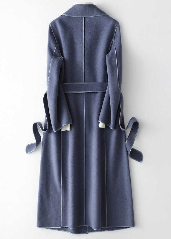 Light Blue Notched Patchwork Woolen Long Coats Fall