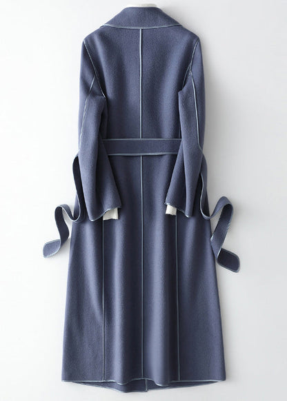 Light Blue Notched Patchwork Woolen Long Coats Fall