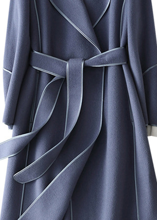 Light Blue Notched Patchwork Woolen Long Coats Fall