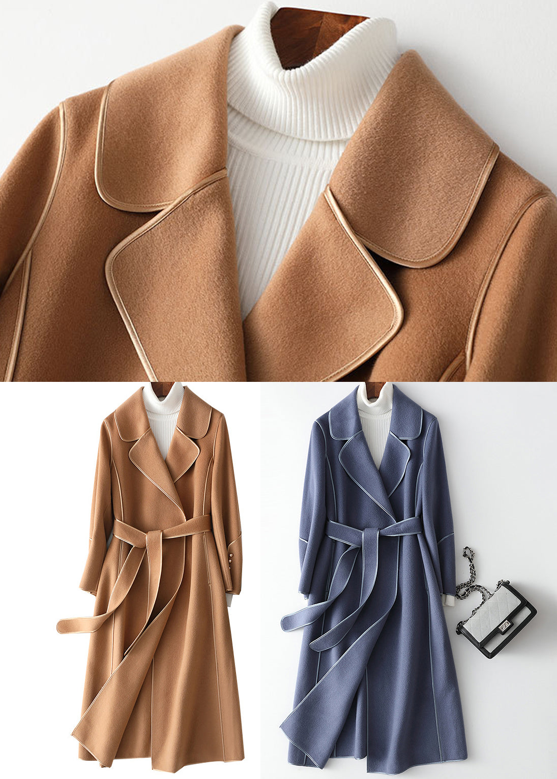 Light Blue Notched Patchwork Woolen Long Coats Fall