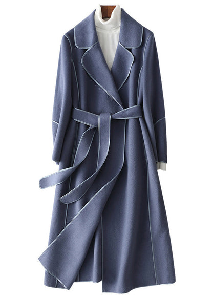 Light Blue Notched Patchwork Woolen Long Coats Fall