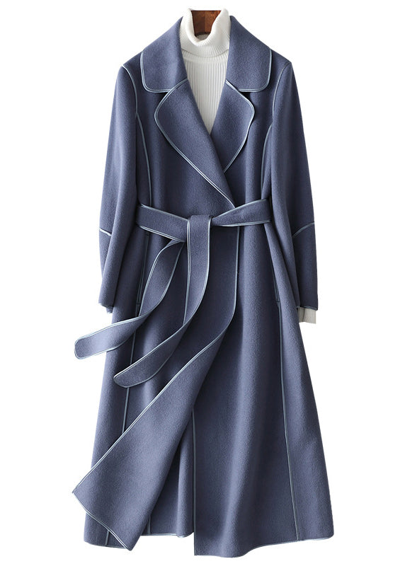 Light Blue Notched Patchwork Woolen Long Coats Fall