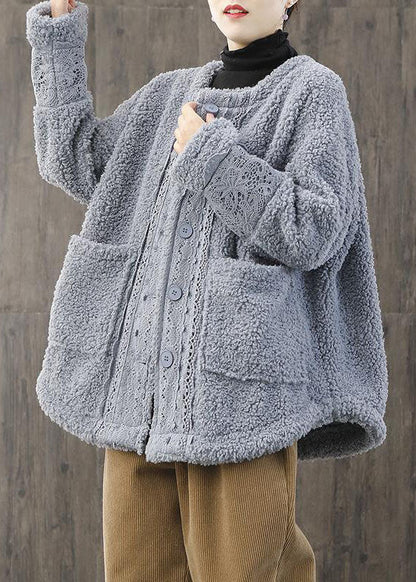 Light Blue O-neck Oversized Lace Patchwork Teddy Faux Fur Coats Winter