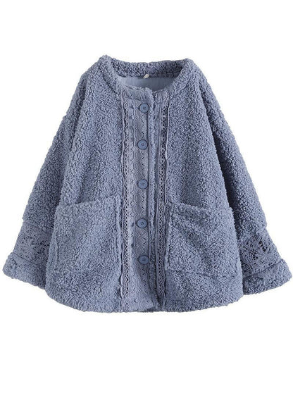 Light Blue O-neck Oversized Lace Patchwork Teddy Faux Fur Coats Winter
