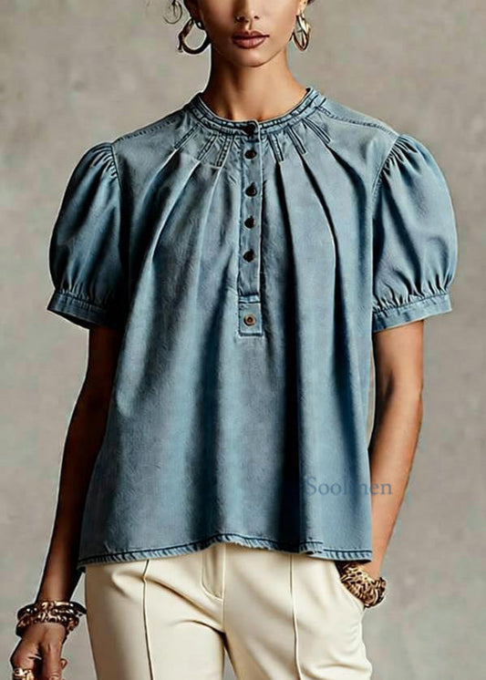 Light Blue O Neck Wrinkled Denim Top Short Sleeve