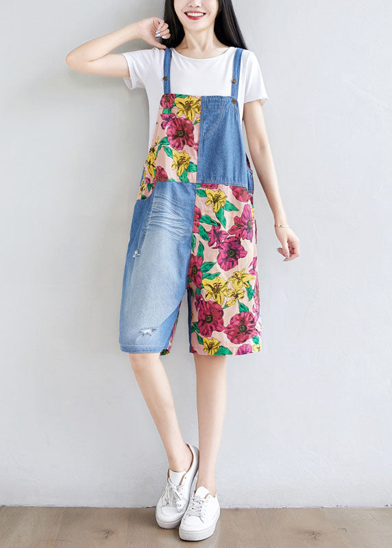 Light Blue Patchwork Print Cotton Overalls Jumpsuit Shorts Summer