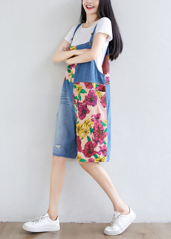 Light Blue Patchwork Print Cotton Overalls Jumpsuit Shorts Summer