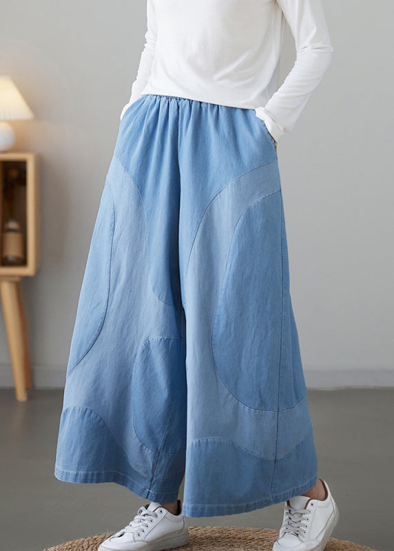 Light Blue Pockets Elastic Waist Denim Wide Leg Pants Fall