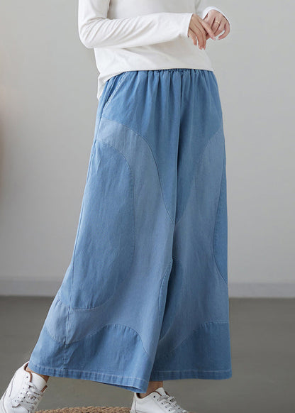 Light Blue Pockets Elastic Waist Denim Wide Leg Pants Fall