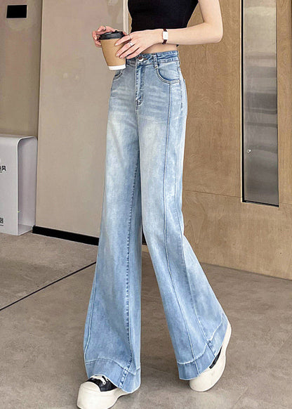 Light Blue Pockets Patchwork Denim Pants Fall