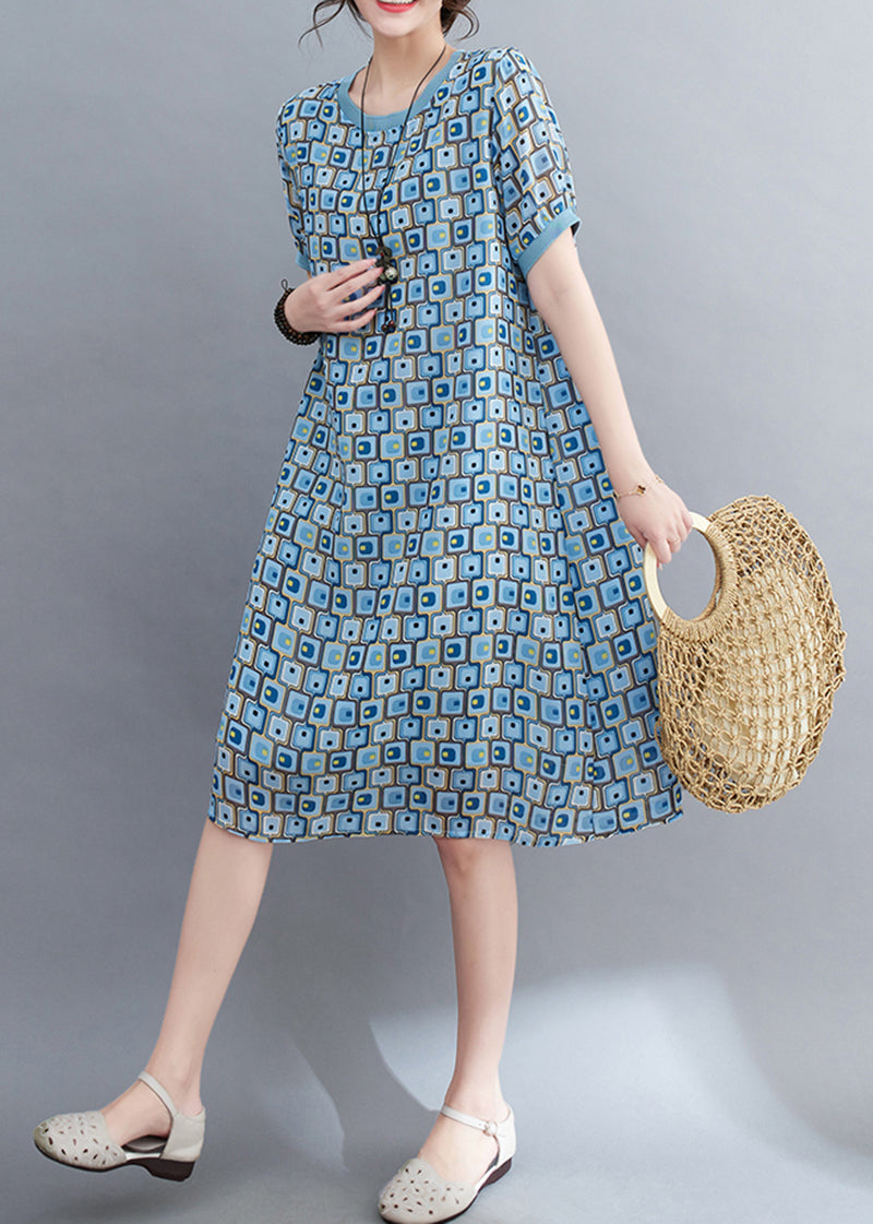 Light Blue Print Draping Chiffon Holiday Dress Summer