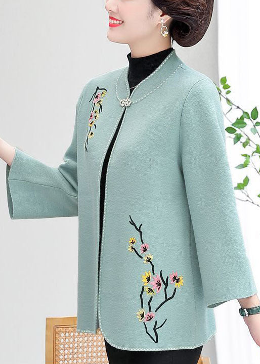 Light Blue Stand Collar Embroideried Woolen Cardigans Long Sleeve