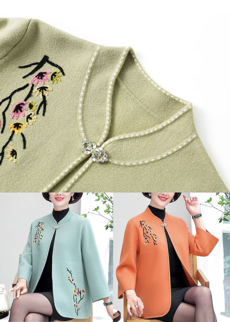 Light Blue Stand Collar Embroideried Woolen Cardigans Long Sleeve