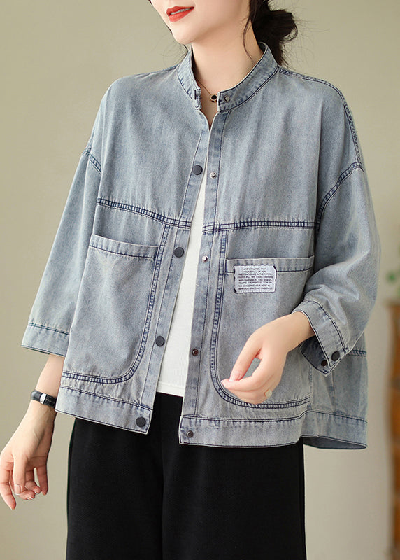 Light Blue Stand Collar Pockets Denim Jackets Spring